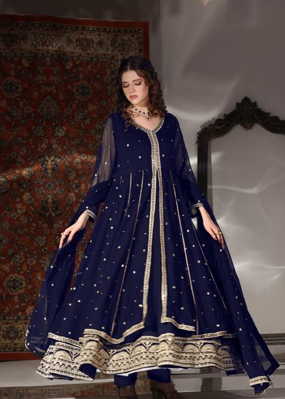 Navy Blue Chiffon Embroidered Straight Trouser Suit Online in KSA Riyadh Saudi Arabia Oman Bahrain Qatar