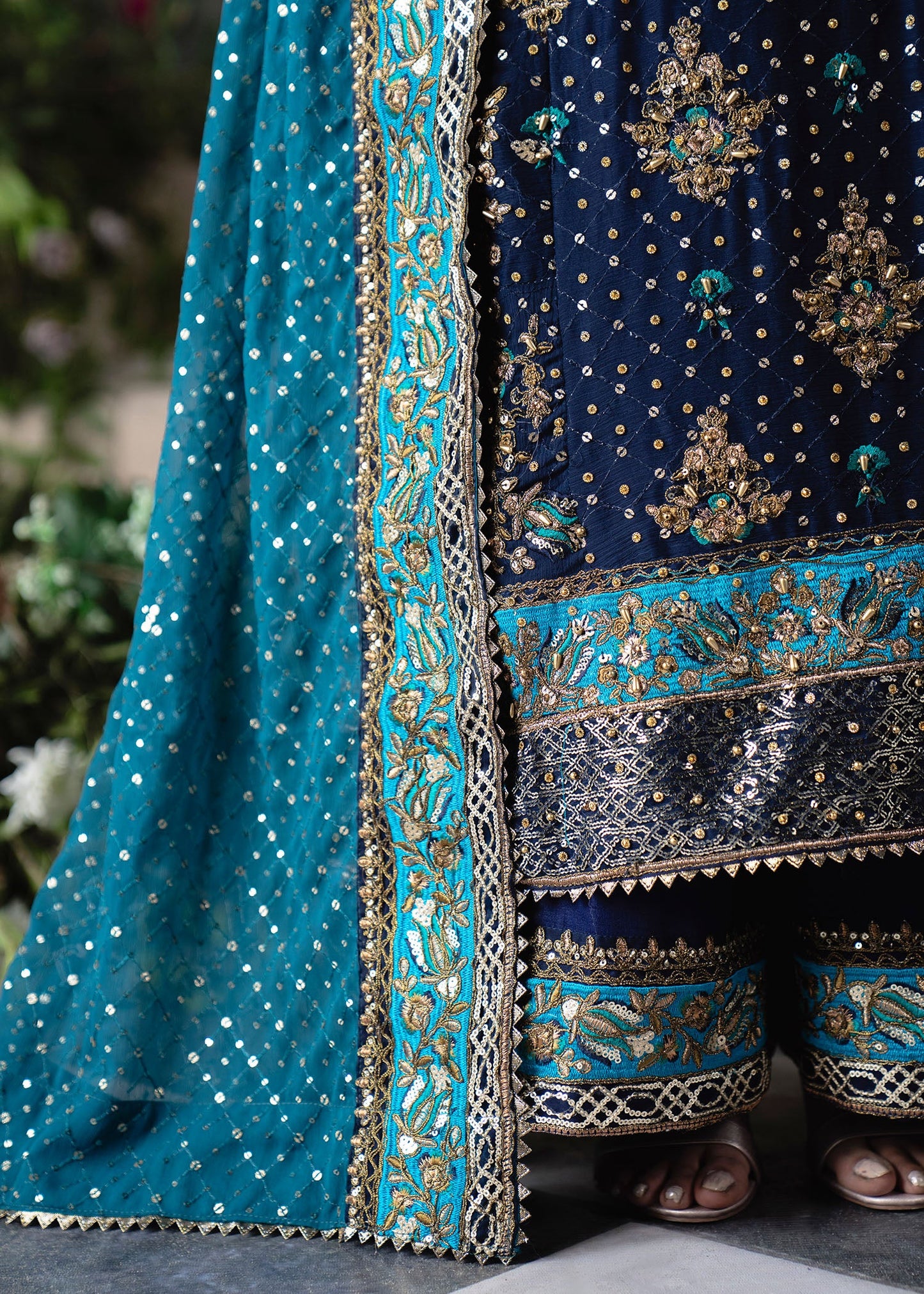 Navy Blue Chiffon Embroidered Wedding Guest Outfit Online in Sri Lanka India Australia