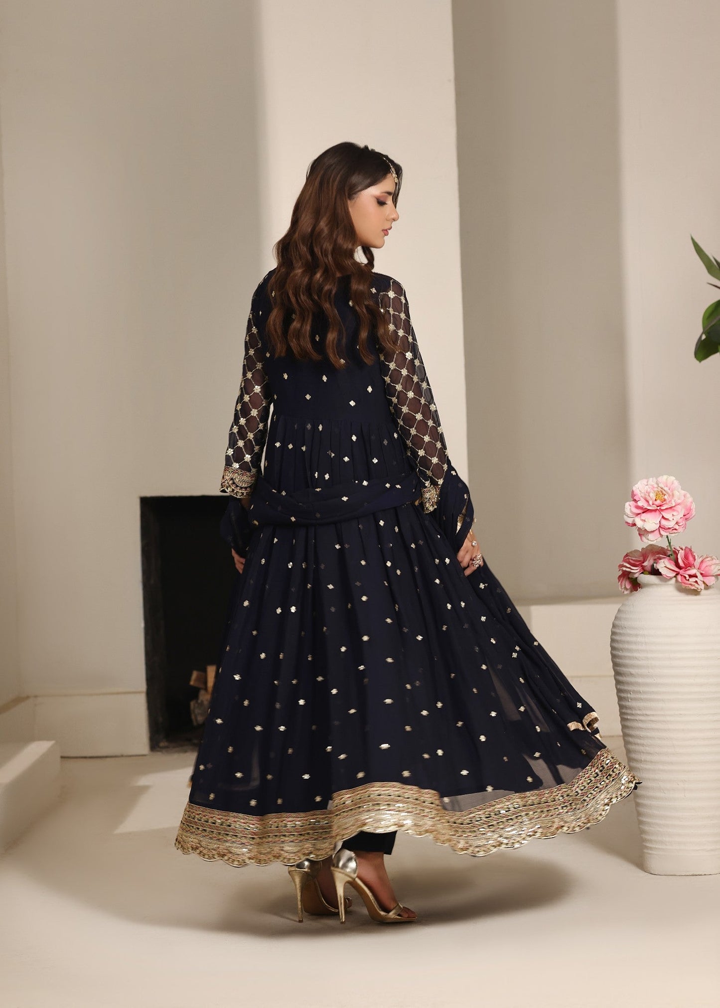 Navy Blue Chiffon Partywear Pishwas Suit Online in UK USA Canada