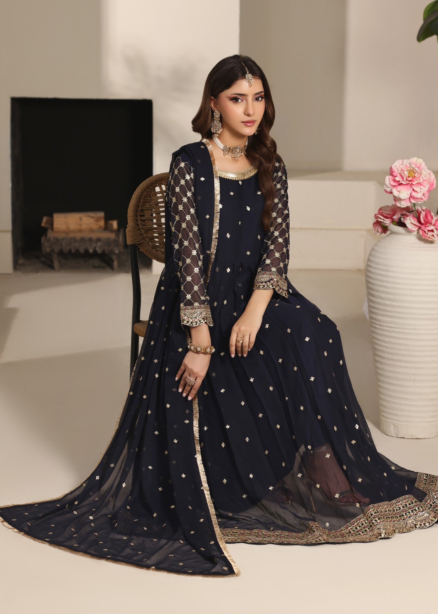 Navy Blue Chiffon Pishwas for Festive Occasions Online in Dubai UAE Abudhabi Ajman Sharjah