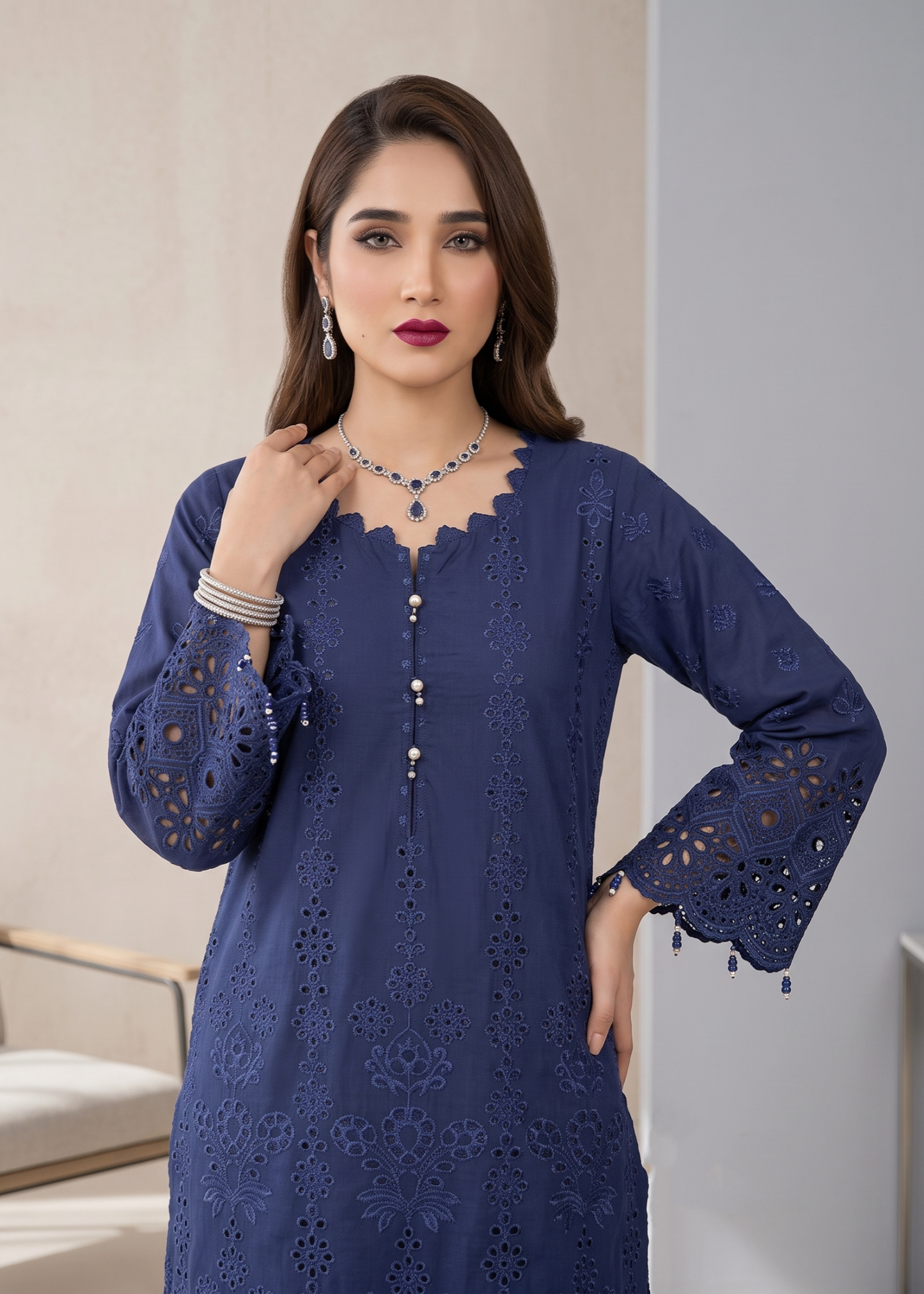 Navy Blue Chikankari Cotton Party Suit Online in KSA Riyadh Saudi Arabia Oman Bahrain Qatar