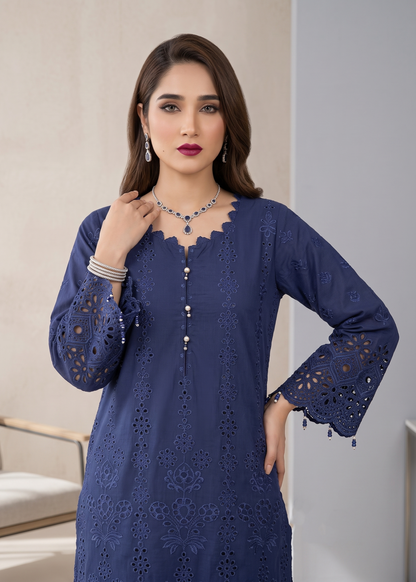 Navy Blue Chikankari Cotton Party Suit Online in KSA Riyadh Saudi Arabia Oman Bahrain Qatar