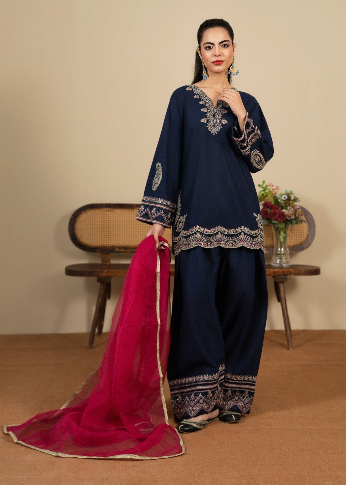 Navy Blue Cotton Farshi Shalwar Pakistani Suit Online in Sri Lanka India Australia