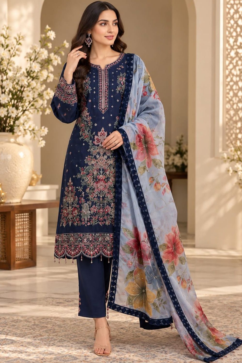 Navy Blue Cotton Unstitched Salwar Suit Online in Dubai UAE Abudhabi Ajman Sharjah