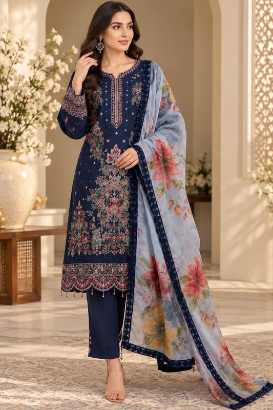 Navy Blue Cotton Unstitched Salwar Suit Online in Dubai UAE Abudhabi Ajman Sharjah