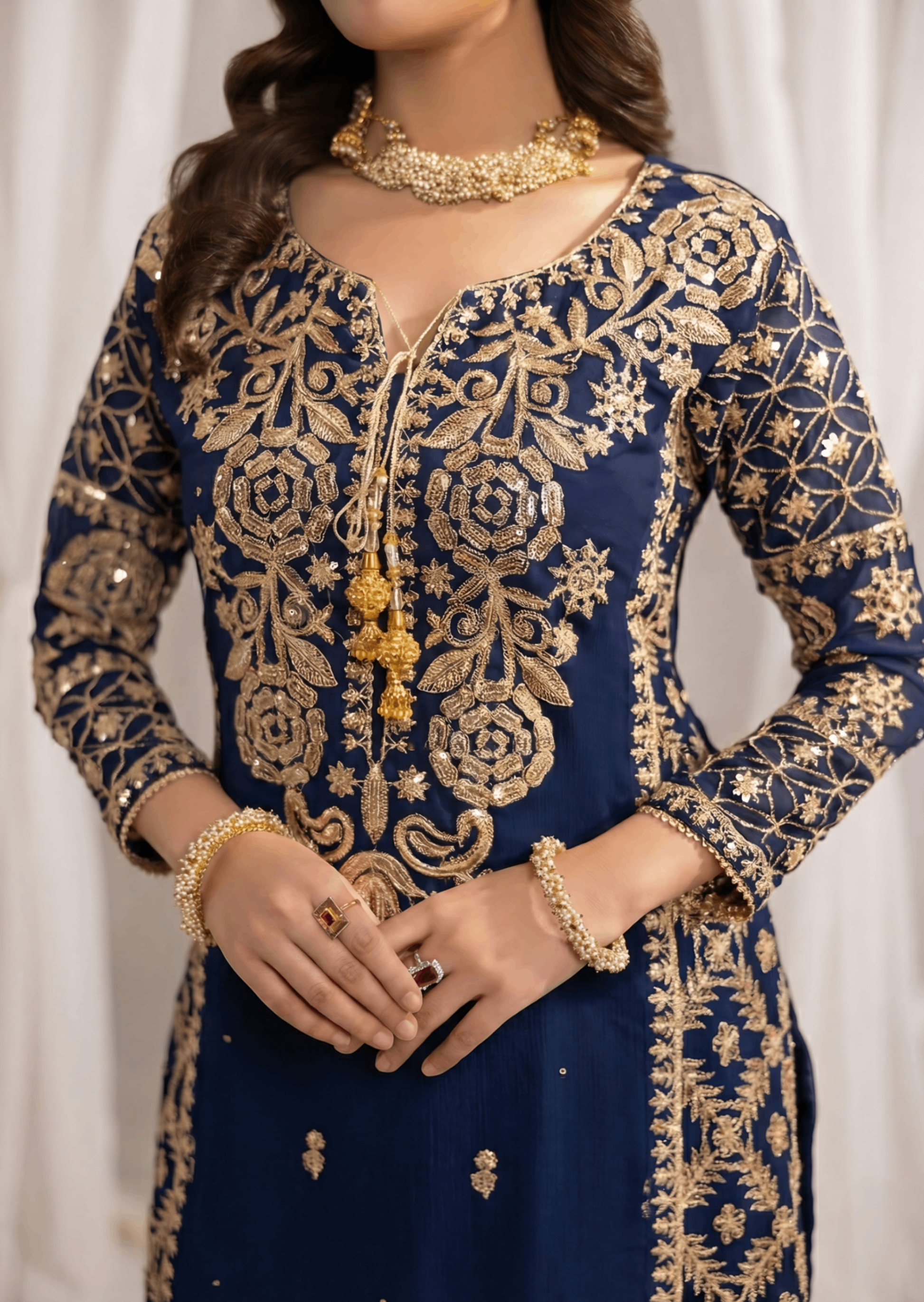 Navy Blue Crinkle Chiffon Embroidered Partywear Outfit Online in Dubai UAE Abudhabi Ajman Sharjah