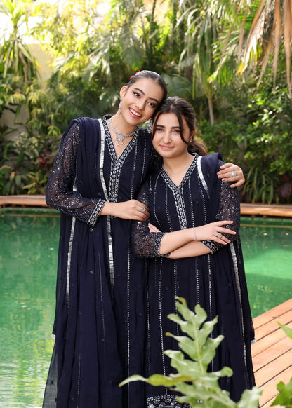 Navy Blue Designer Chiffon Pishwas Suit Online in Dubai UAE Abudhabi Ajman Sharjah
