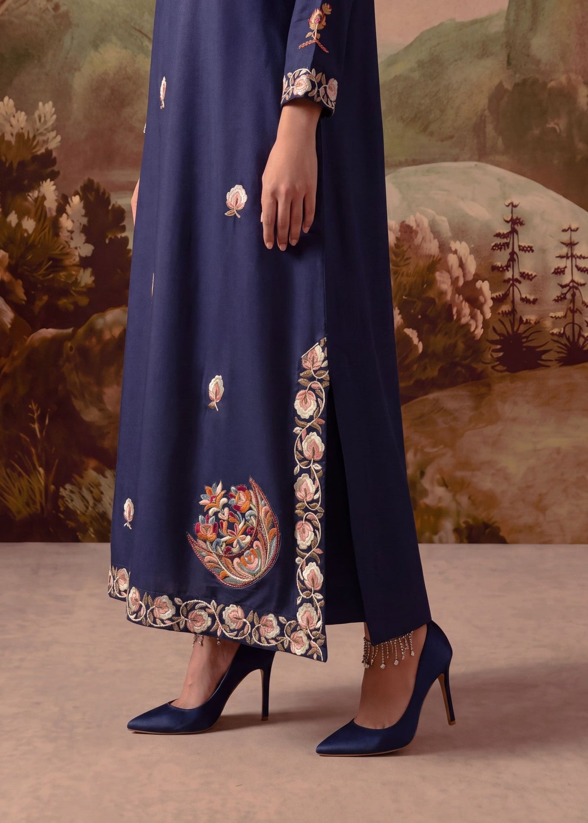 Navy Blue Dhanak Kaftan with Straight Trouser Online in Sri Lanka India Australia