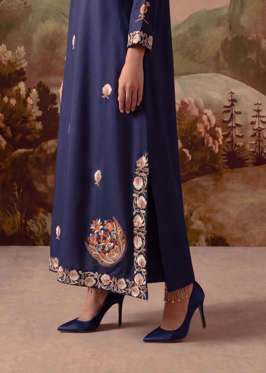 Navy Blue Dhanak Kaftan with Straight Trouser Online in Sri Lanka India Australia