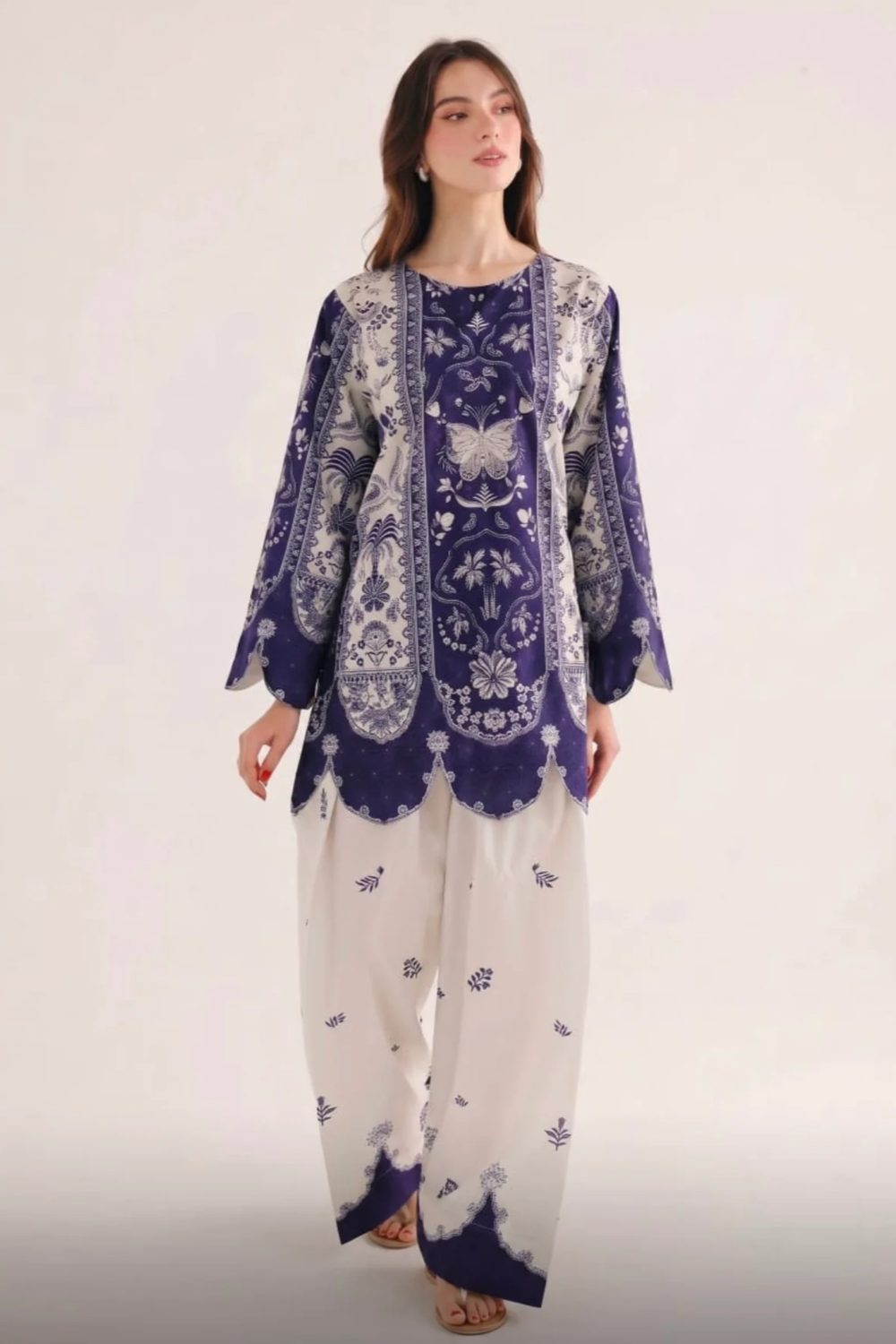 Navy Blue Digital Print Poly Lawn Kurta Set Online in Dubai UAE Abudhabi Ajman Sharjah