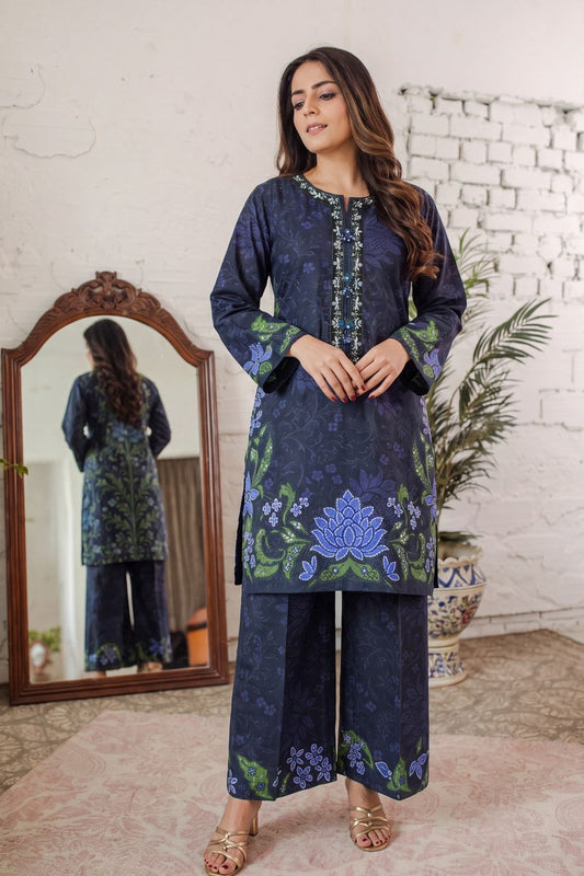 Navy Blue Embellished Lawn Kurta Set Online in Dubai UAE Abudhabi Ajman Sharjah