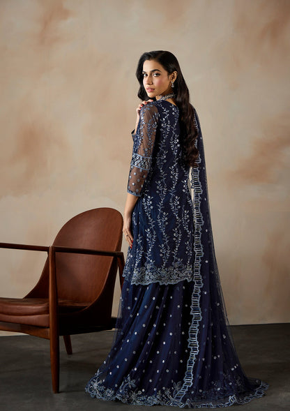 Navy Blue Embellished Net Salwar Kameez with Raw Silk Trouser Online in KSA Riyadh Saudi Arabia Oman Bahrain Qatar