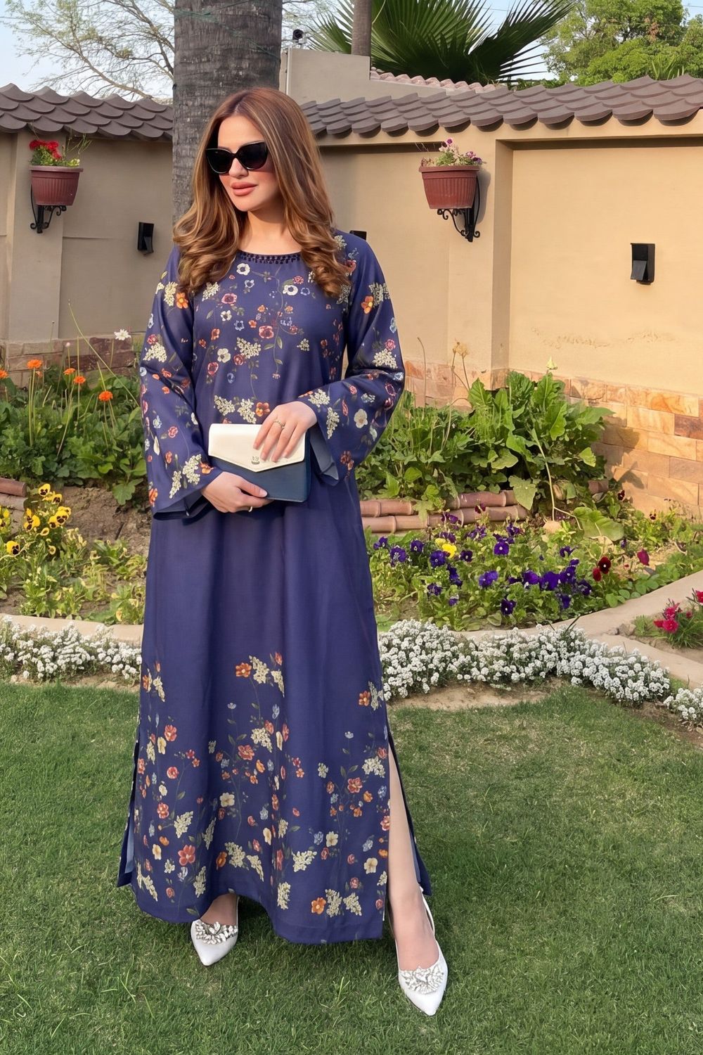 Navy Blue Embellished Poly Silk Kaftan Online in Dubai UAE Abudhabi Ajman Sharjah