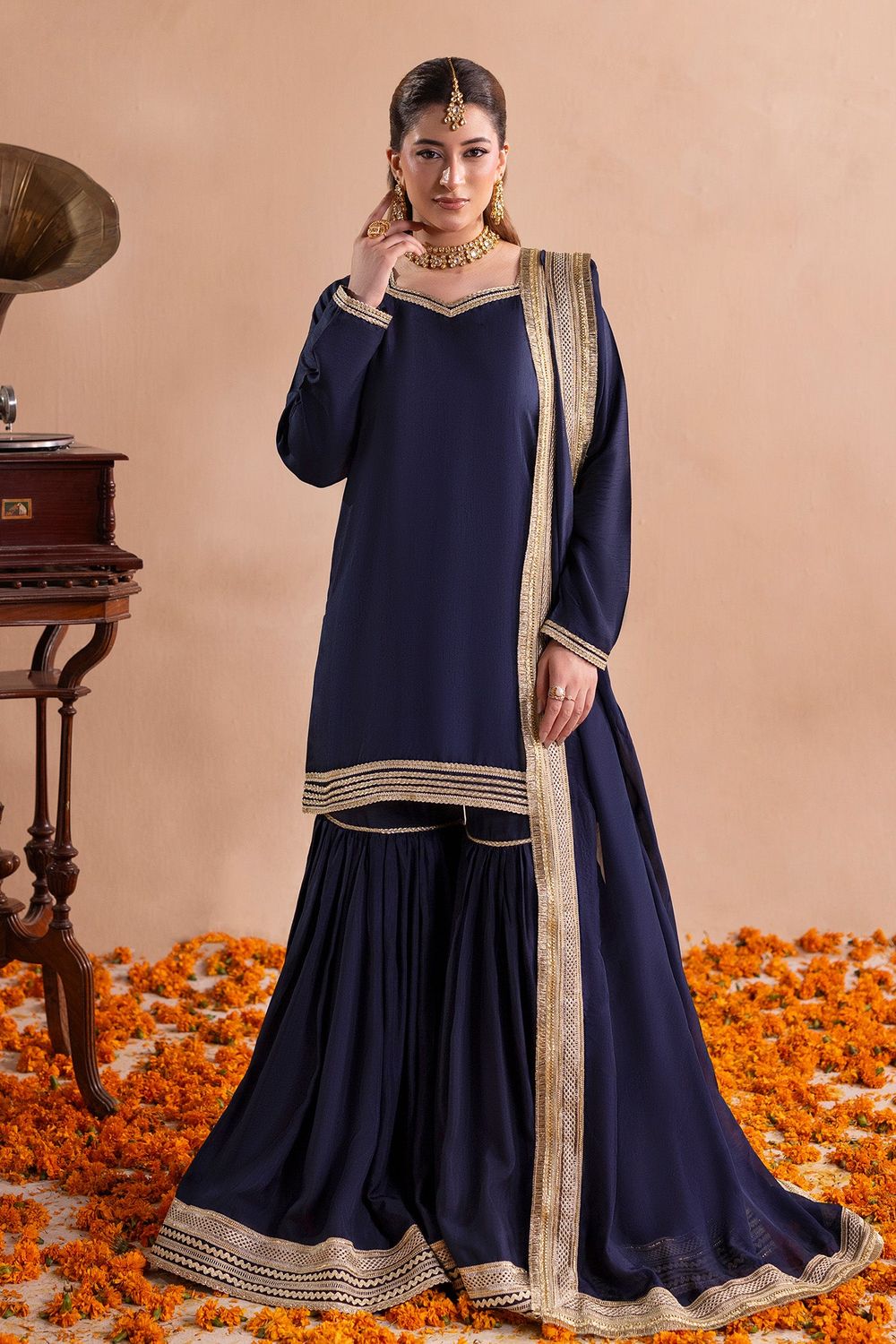 Navy Blue Embellished Raw Silk Gharara Online in Dubai UAE Abudhabi Ajman Sharjah