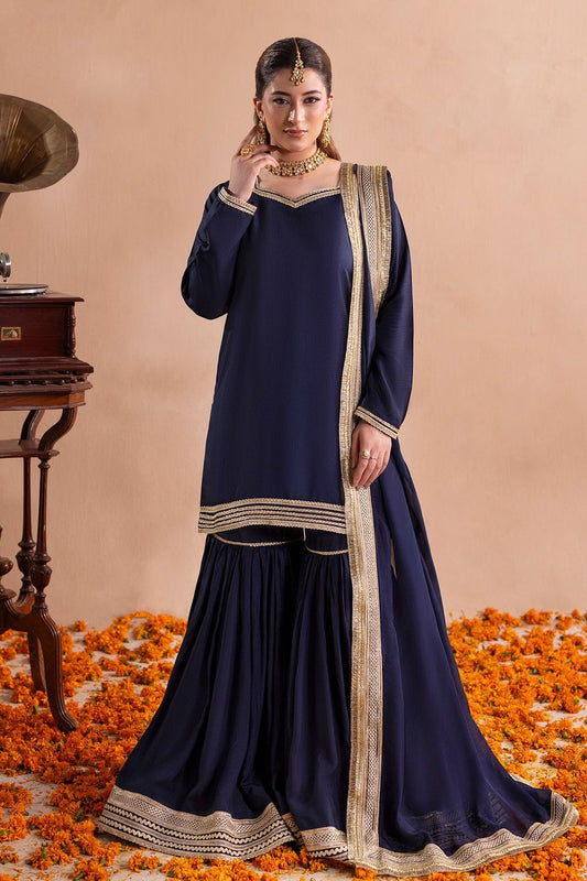 Navy Blue Embellished Raw Silk Gharara Online in Dubai UAE Abudhabi Ajman Sharjah