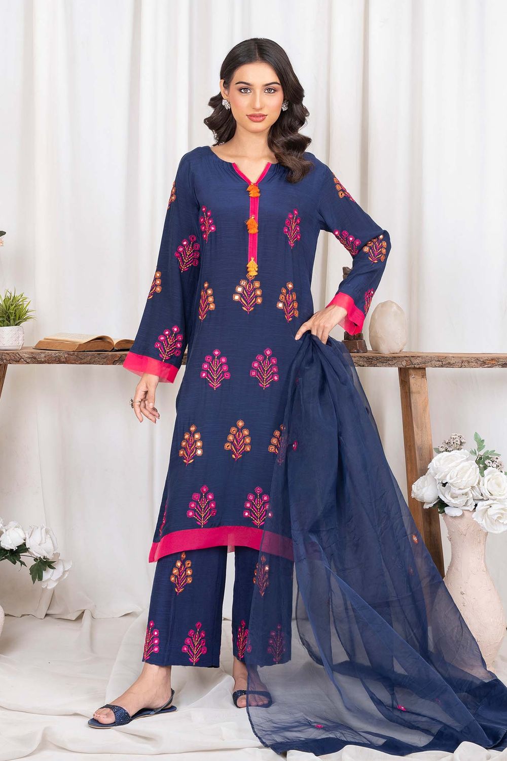 Navy Blue Embellished Raw Silk Partywear Suit Online in Dubai UAE Abudhabi Ajman Sharjah