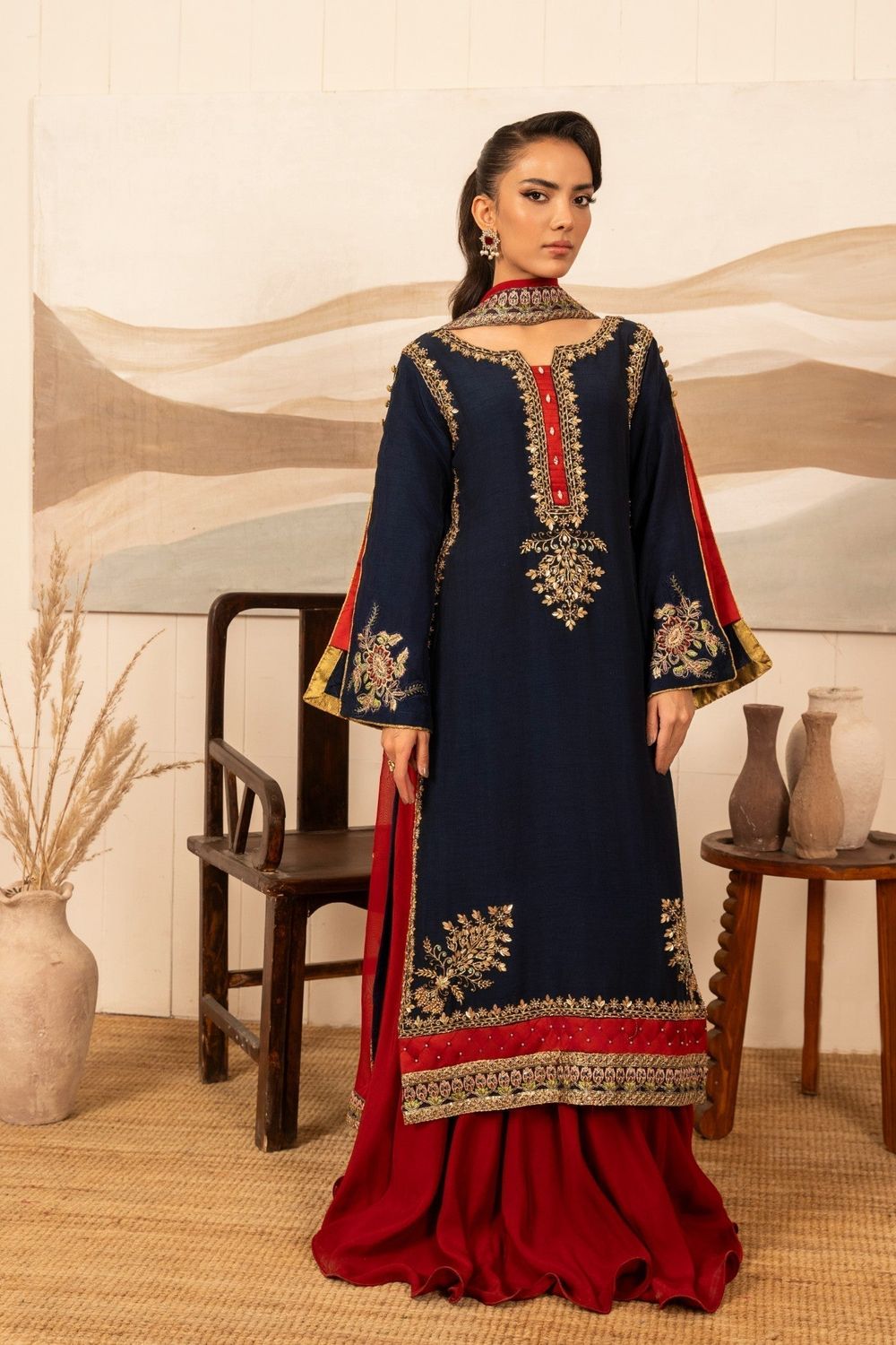 Navy Blue Embellished Viscose Raw Silk Sharara Suit Online in Dubai UAE Abudhabi Ajman Sharjah