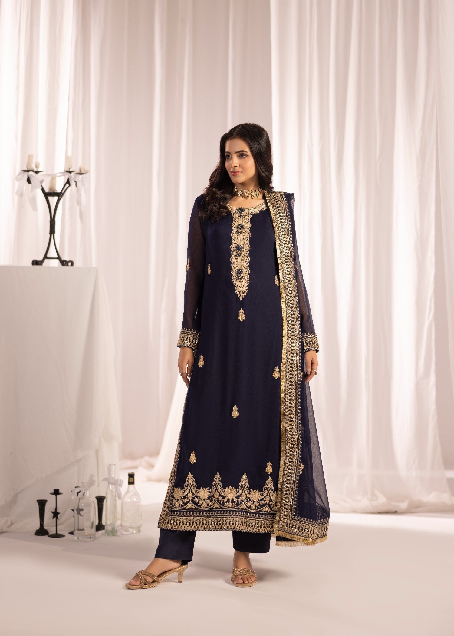 Navy Blue Embroidered Bemberg Crinkle Chiffon Festive Suit Online in Sri Lanka India Australia