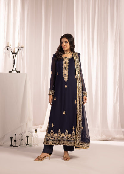 Navy Blue Embroidered Bemberg Crinkle Chiffon Festive Suit Online in Sri Lanka India Australia