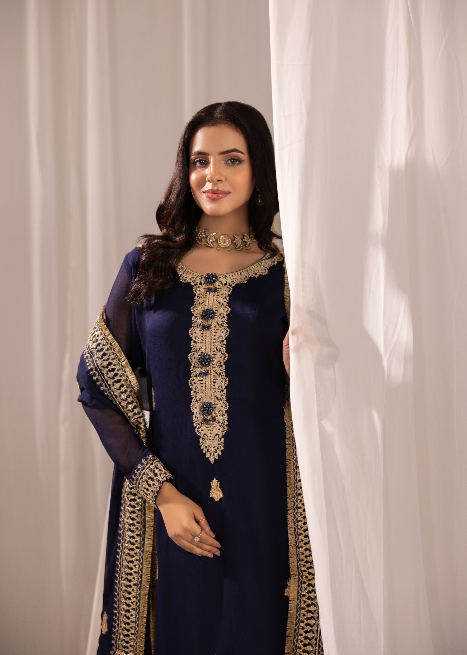 Navy Blue Embroidered Bemberg Crinkle Chiffon Kurta Set Online in Dubai DXB UAE Abudhabi Meena Bazaar