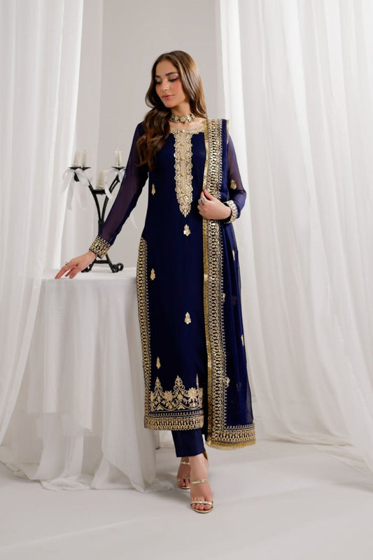 Navy Blue Embroidered Bemberg Crinkle Chiffon Partywear Suit Online in Dubai UAE Abudhabi Ajman Sharjah