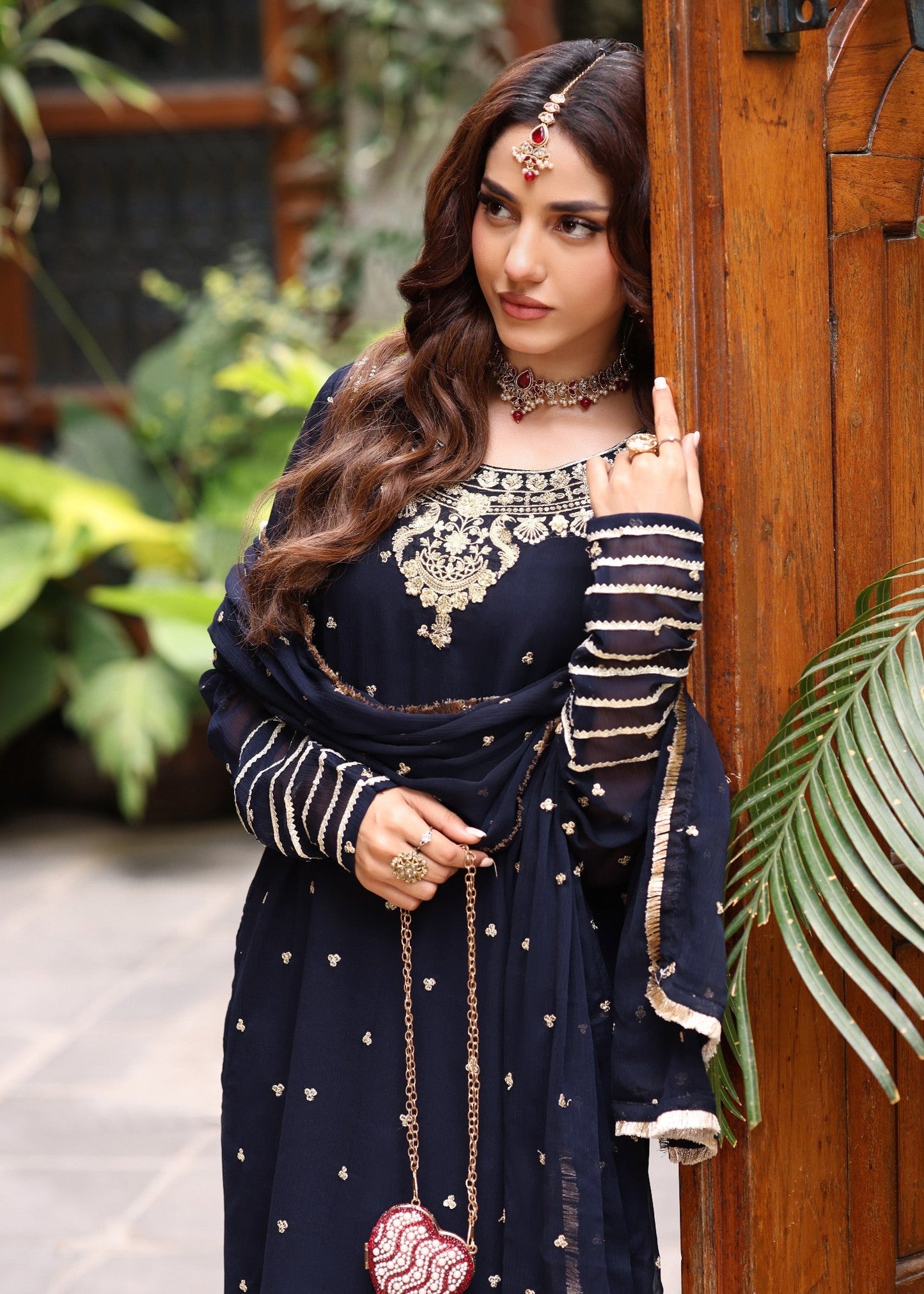 Navy Blue Embroidered Chiffon Dupatta Set Online in KSA Riyadh Saudi Arabia Oman Bahrain Qatar