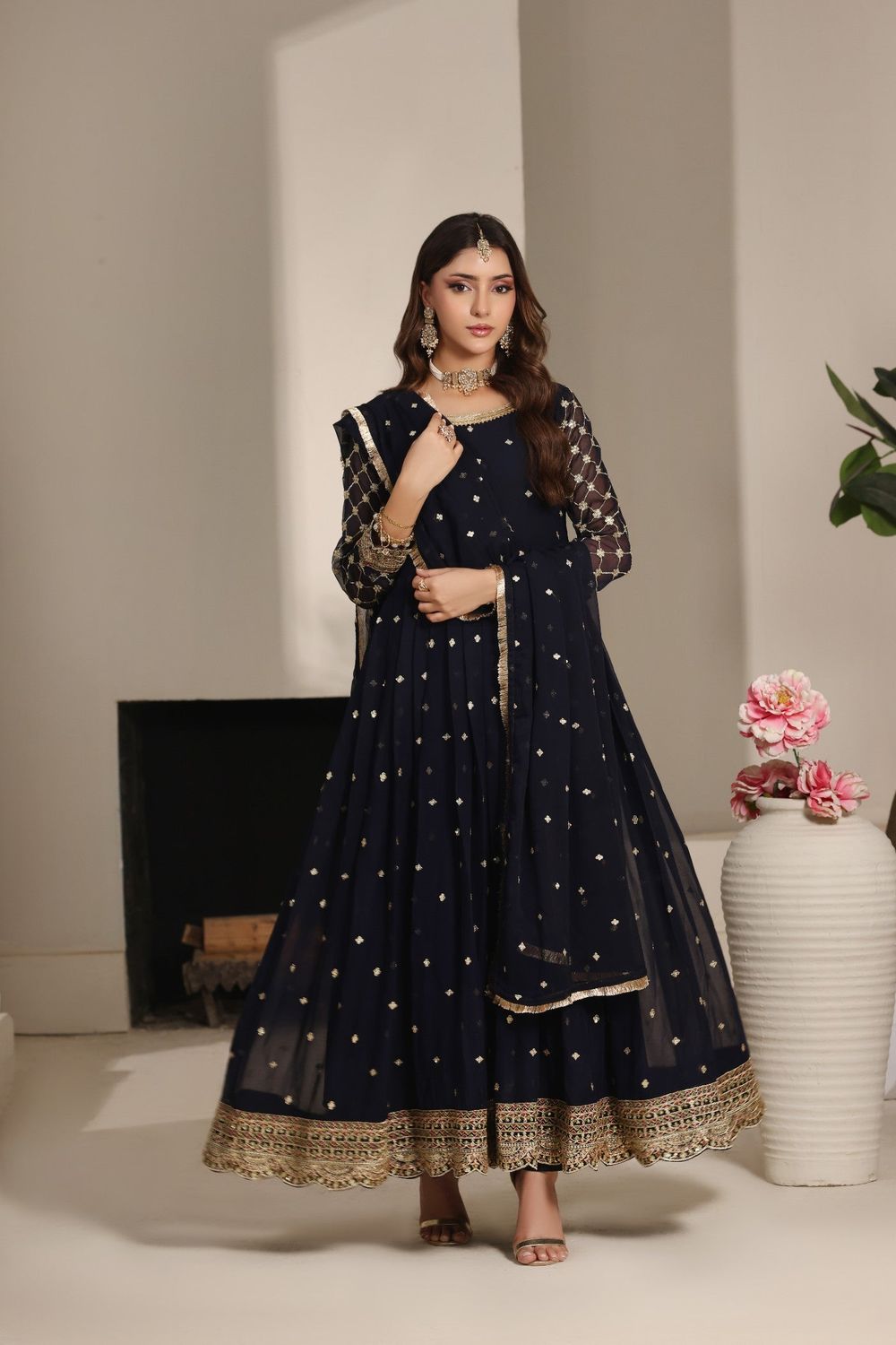 Navy Blue Embroidered Chiffon Festive Pishwas Suit Online in Dubai UAE Abudhabi Ajman Sharjah