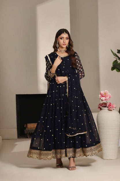 Navy Blue Embroidered Chiffon Festive Pishwas Suit Online in Dubai UAE Abudhabi Ajman Sharjah
