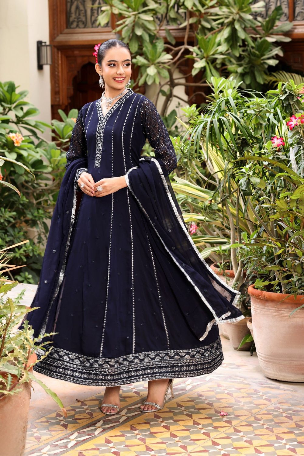 Navy Blue Embroidered Chiffon Festive Wear Suit Online in Dubai UAE Abudhabi Ajman Sharjah