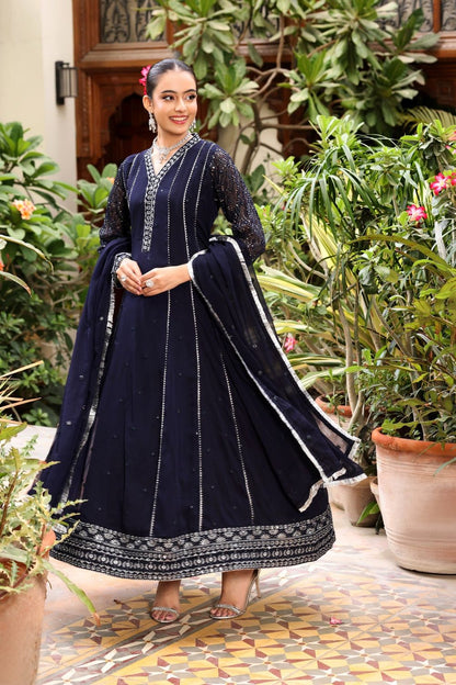Navy Blue Embroidered Chiffon Festive Wear Suit Online in Dubai UAE Abudhabi Ajman Sharjah