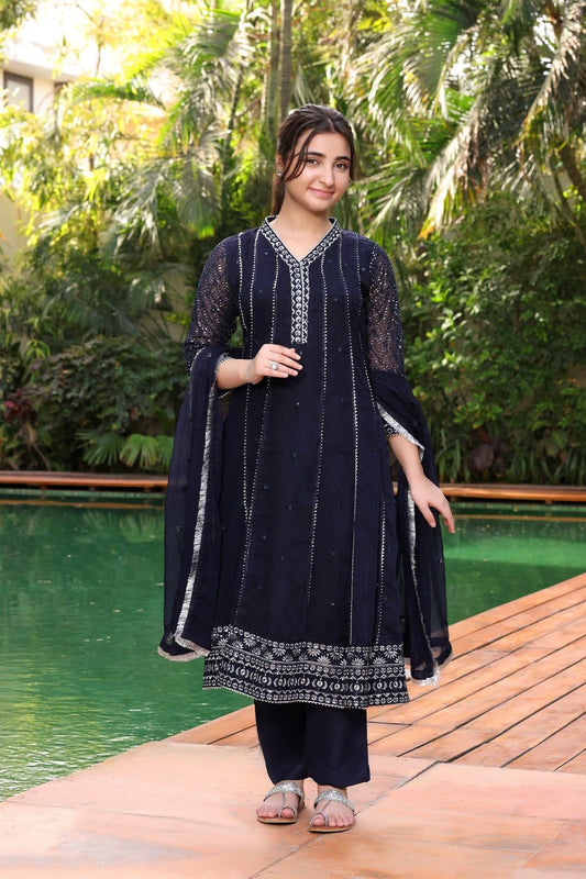 Navy Blue Embroidered Chiffon Flared Pishwas for Girls Online in Dubai UAE Abudhabi Ajman Sharjah