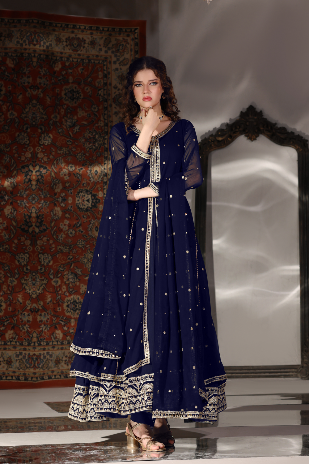 Navy Blue Embroidered Chiffon Flared Pishwas Suit Online in Dubai UAE Abudhabi Ajman Sharjah