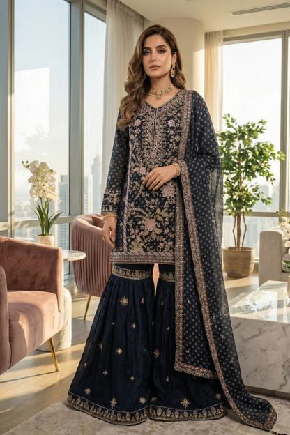 Navy Blue Embroidered Chiffon Gharara Suit Online in Dubai UAE Abudhabi Ajman Sharjah