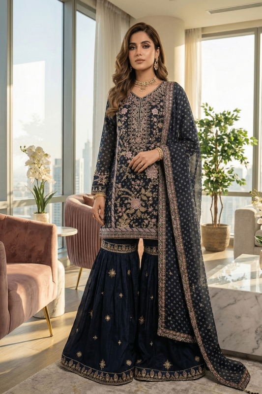 Navy Blue Embroidered Chiffon Gharara Suit Online in Dubai UAE Abudhabi Ajman Sharjah