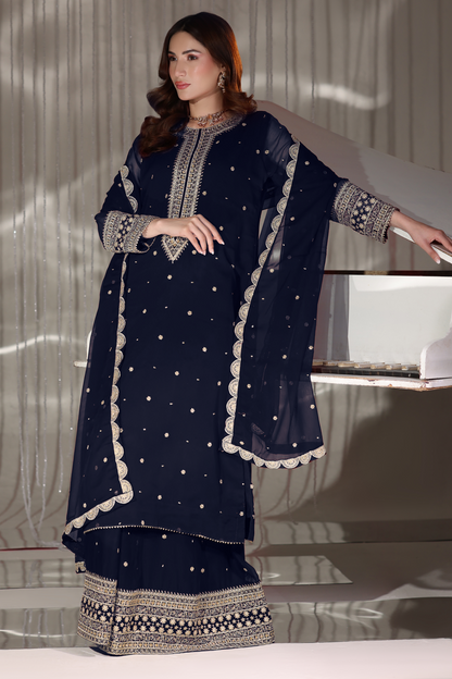 Navy Blue Embroidered Chiffon Lehenga Set Online in Dubai UAE Abudhabi Ajman Sharjah