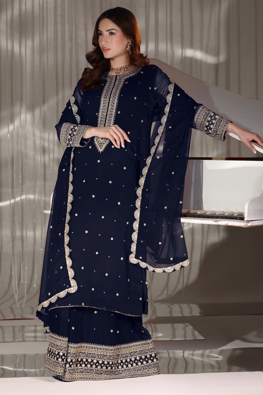 Navy Blue Embroidered Chiffon Lehenga Set Online in Dubai UAE Abudhabi Ajman Sharjah