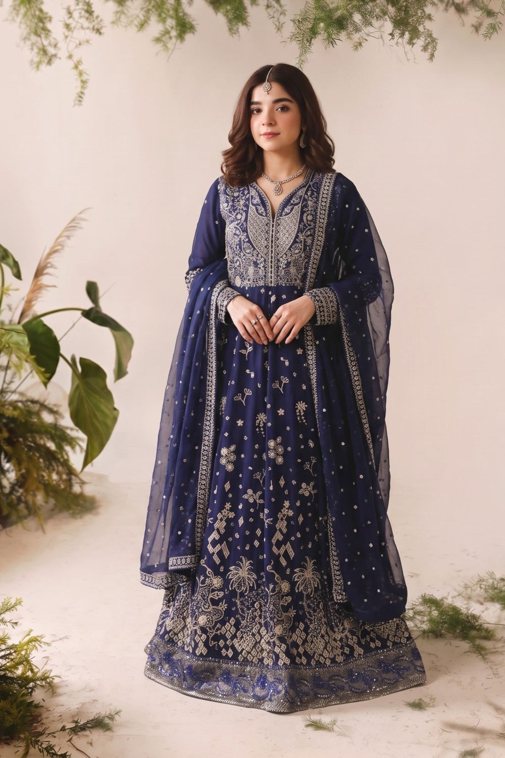 Navy Blue Embroidered Chiffon Maxi Suit Online in Dubai UAE Abudhabi Ajman Sharjah