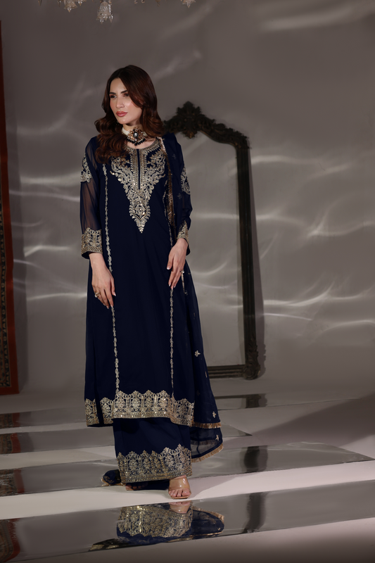 Navy Blue Embroidered Chiffon Partywear Kurta Plazzo Online in Dubai UAE Abudhabi Ajman Sharjah