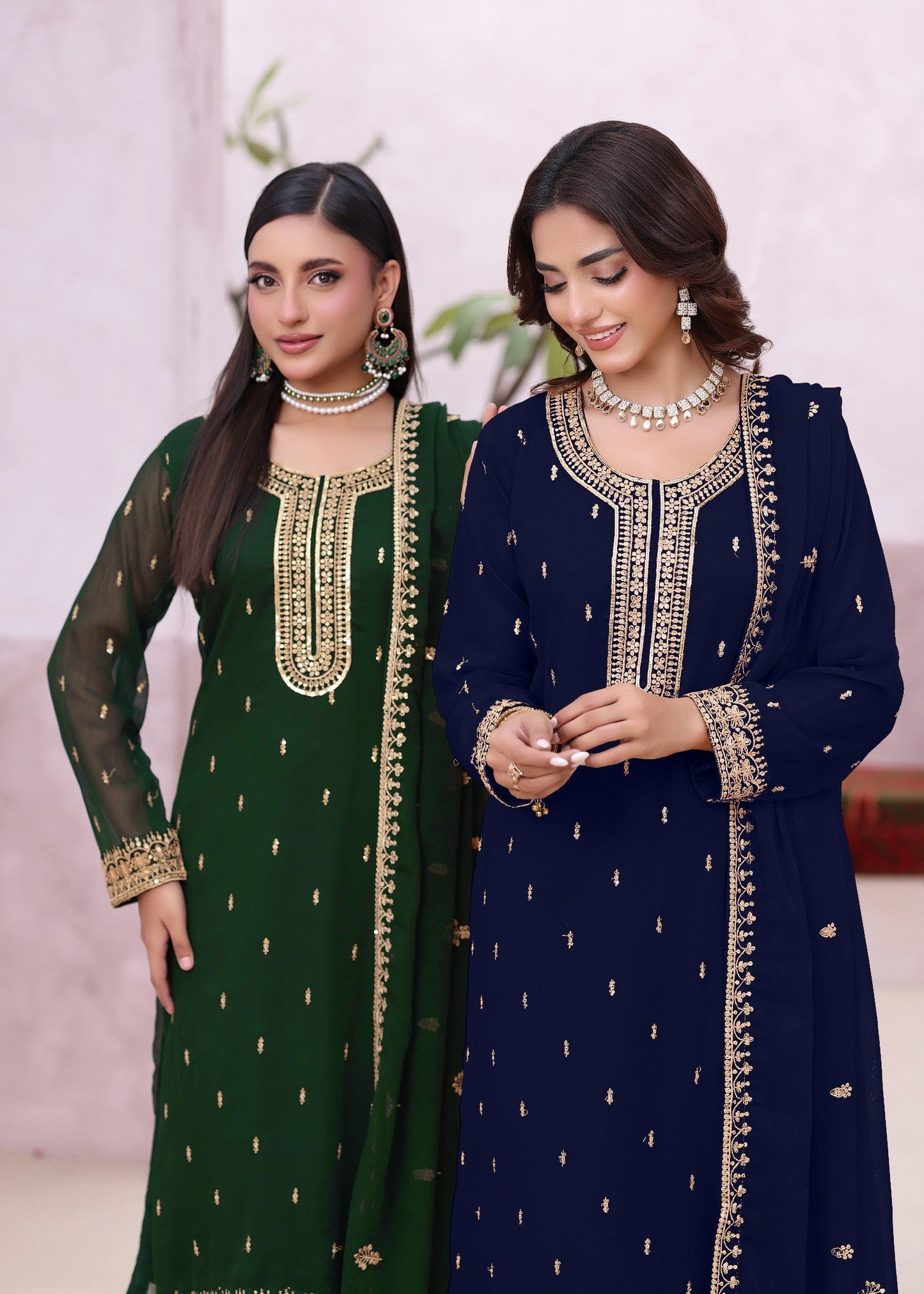 Navy Blue Embroidered Chiffon Partywear Outfit Online in Dubai UAE Abudhabi Ajman Sharjah