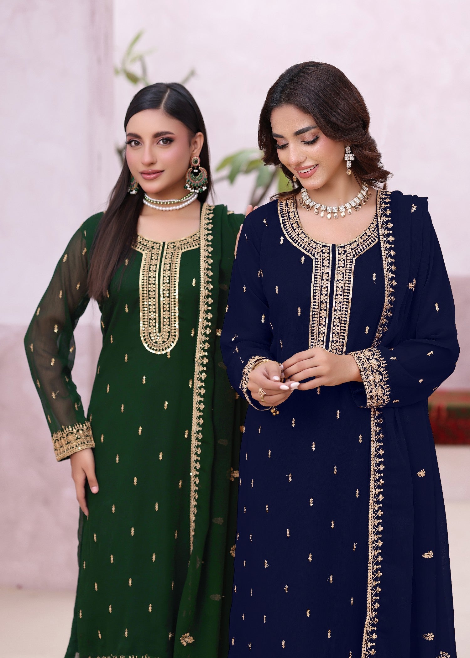 Navy Blue Embroidered Chiffon Partywear Outfit Online in Dubai UAE Abudhabi Ajman Sharjah