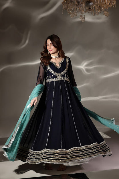 Navy Blue Embroidered Chiffon Partywear Pishwas Suit Online in Dubai UAE Abudhabi Ajman Sharjah