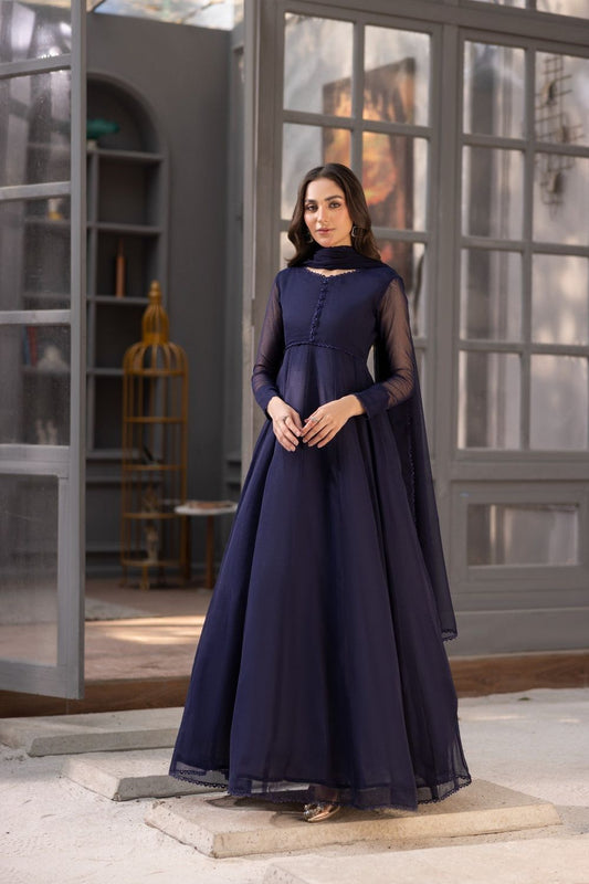 Navy Blue Embroidered Chiffon Partywear Suit Online in Dubai UAE Abudhabi Ajman Sharjah