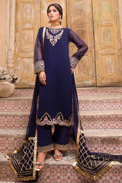 Navy Blue Embroidered Chiffon Partywear Suit Online in Dubai UAE Abudhabi Ajman Sharjah