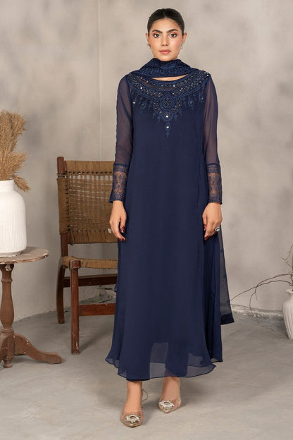 Navy Blue Embroidered Chiffon Partywear Suit Online in Dubai UAE Abudhabi Ajman Sharjah