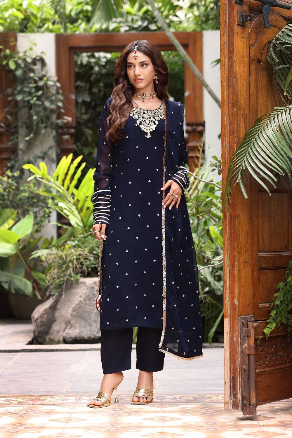 Navy Blue Embroidered Chiffon Partywear Suit Online in Dubai UAE Abudhabi Ajman Sharjah