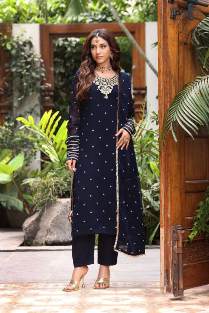 Navy Blue Embroidered Chiffon Partywear Suit Online in Dubai UAE Abudhabi Ajman Sharjah