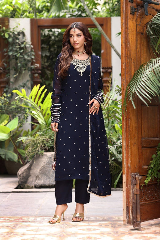 Navy Blue Embroidered Chiffon Partywear Suit Online in Dubai UAE Abudhabi Ajman Sharjah