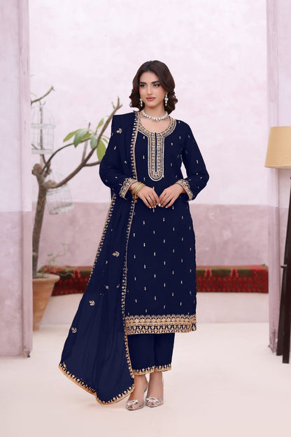 Navy Blue Embroidered Chiffon Partywear Suit Online in Dubai UAE Abudhabi Ajman Sharjah