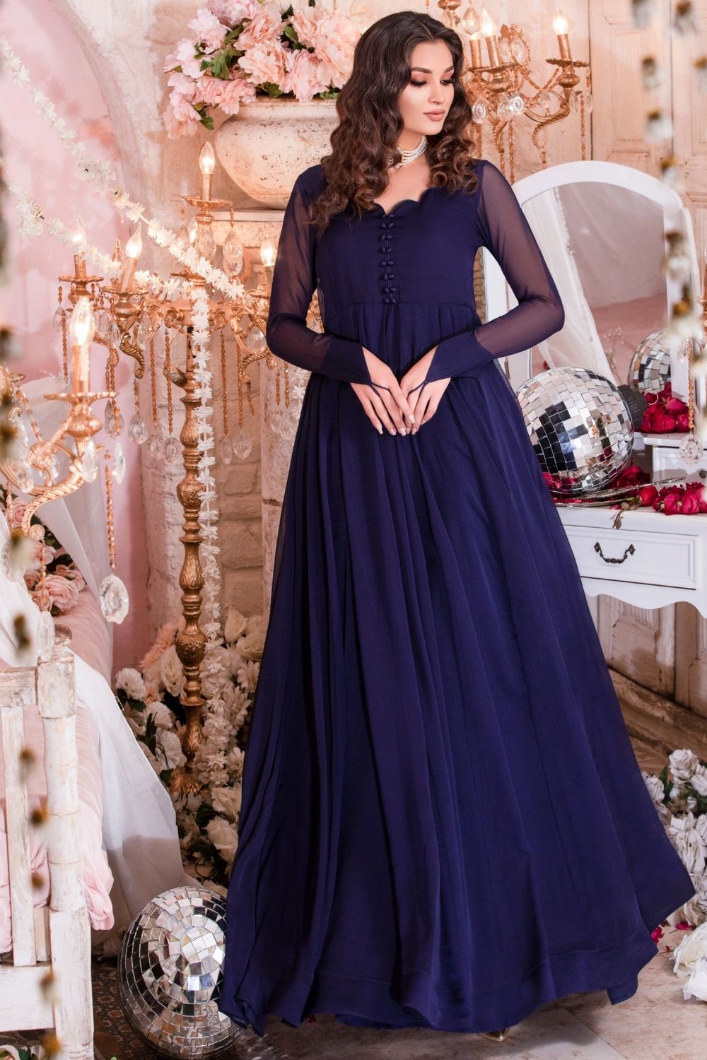 Navy Blue Embroidered Chiffon Pishwas Gharara Online in Dubai UAE Abudhabi Ajman Sharjah