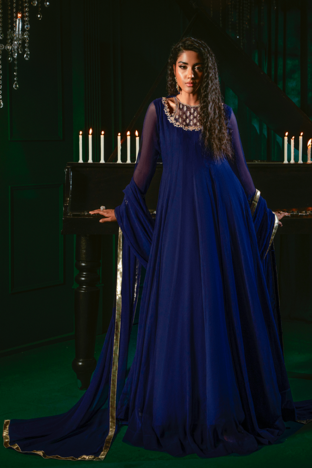Navy Blue Embroidered Chiffon Pishwas Partywear Suit Online in Dubai UAE Abudhabi Ajman Sharjah